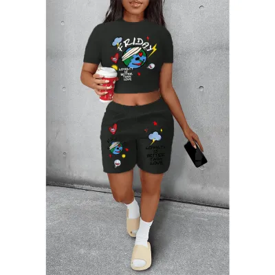 Casual Summer Women Earth Printing Short Sleeve T-Shirt Shorts Two-Piece Set