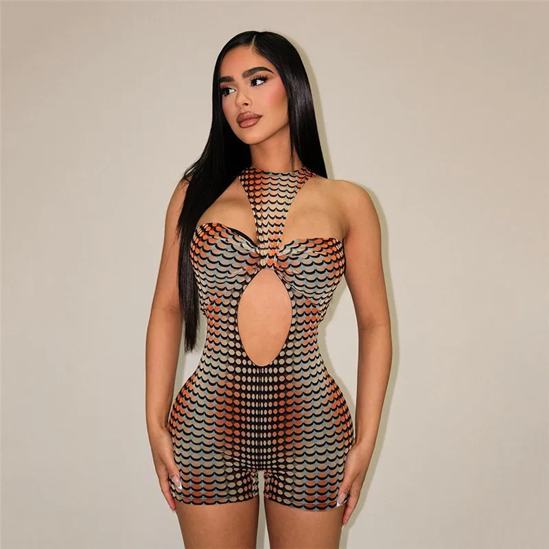 Women Fashion Sexy Cut Out Printing Sleeveless Tight Romper