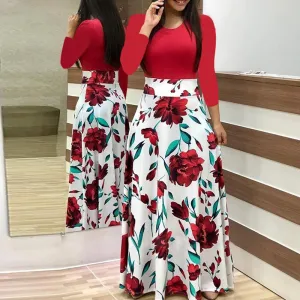 Women Elegant Floral Print Short Sleeve Plus Size Dress