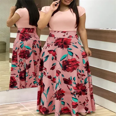 Women Elegant Floral Print Short Sleeve Plus Size Dress