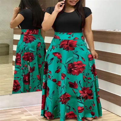 Women Elegant Floral Print Short Sleeve Plus Size Dress