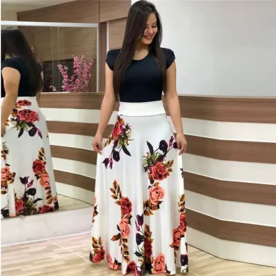 Women Elegant Floral Print Short Sleeve Plus Size Dress