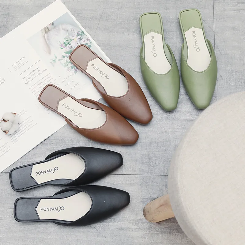 Women Fashion Solid Color PVC Flat Mules Street Style