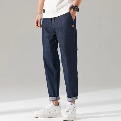 Men Casual Retro Elastic Wear-Resistant Straight Jeans Cotton Denim Youth Pop Loose Fit Middle Waist Cropped