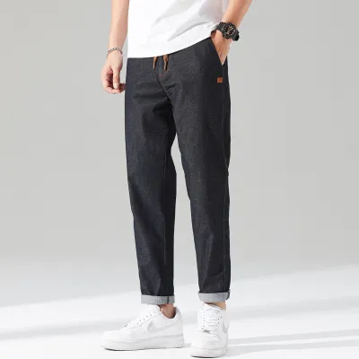 Men Casual Retro Elastic Wear-Resistant Straight Jeans Cotton Denim Youth Pop Loose Fit Middle Waist Cropped