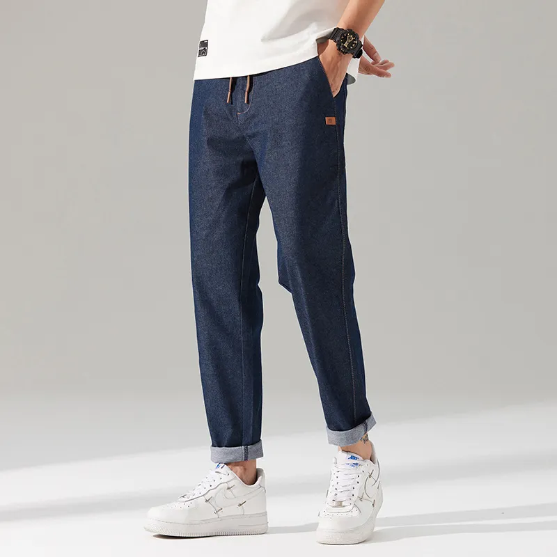 Men Casual Retro Elastic Wear-Resistant Straight Jeans Cotton Denim Youth Pop Loose Fit Middle Waist Cropped