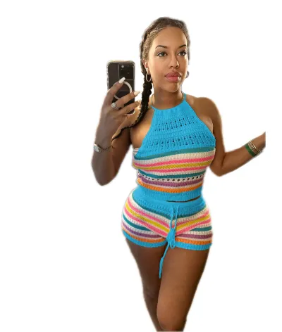 Women Fashion Sexy Knitted Stripe Halter Neck Top Lace-Up Tight Short Pants 2pcs Set