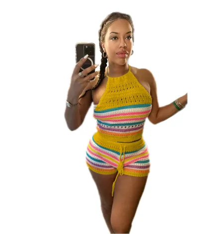 Women Fashion Sexy Knitted Stripe Halter Neck Top Lace-Up Tight Short Pants 2pcs Set