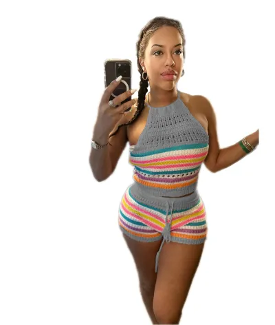 Women Fashion Sexy Knitted Stripe Halter Neck Top Lace-Up Tight Short Pants 2pcs Set