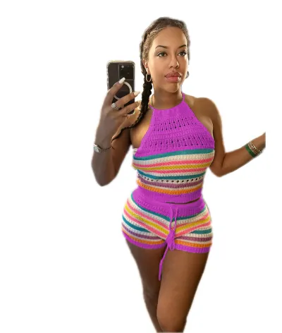 Women Fashion Sexy Knitted Stripe Halter Neck Top Lace-Up Tight Short Pants 2pcs Set