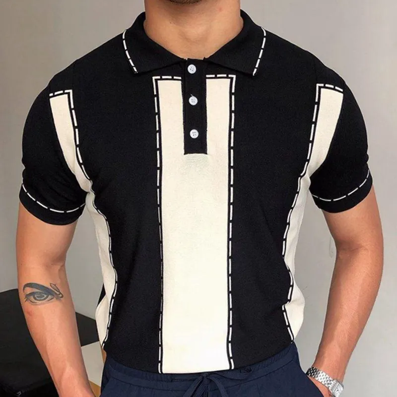 Men Casual Lapel Short-Sleeved Color-Block Knitted Polo Shirt