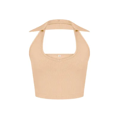 Summer Women Fashion Knitted Solid Color Rib-Knit Sexy U-Neck Lapel Crop Top