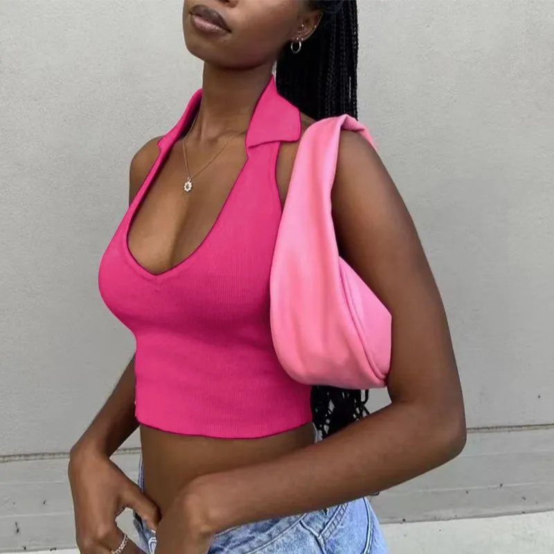 Summer Women Fashion Knitted Solid Color Rib-Knit Sexy U-Neck Lapel Crop Top
