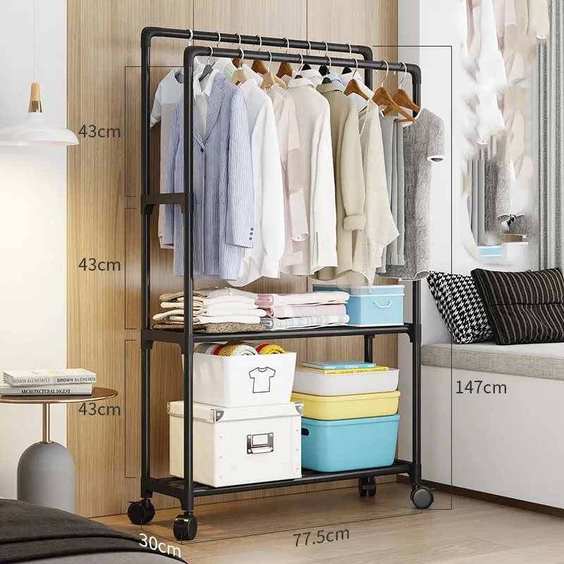 Modern Minimalist Floor-To-Ceiling Double Pole Clothing Rack Hanging Drying Rack Indoor Clothes Display Garment Accessories