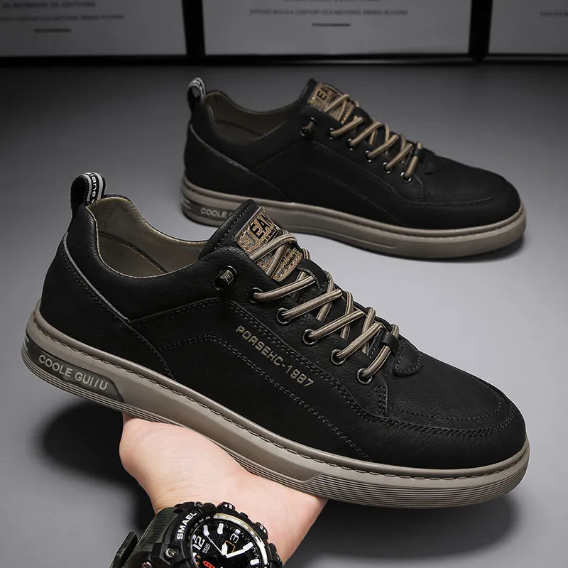 Men Casual Breathable PU Sports Shoes Round Toe Lace Up Flat Heel Solid Color Sneakers