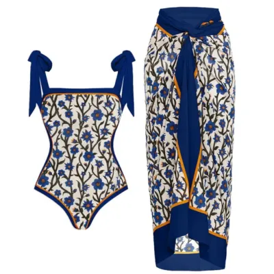 Women Vacation Floral Printed Backless Bodysuits Lace Up Skirt Swimsuit 2pcs Set