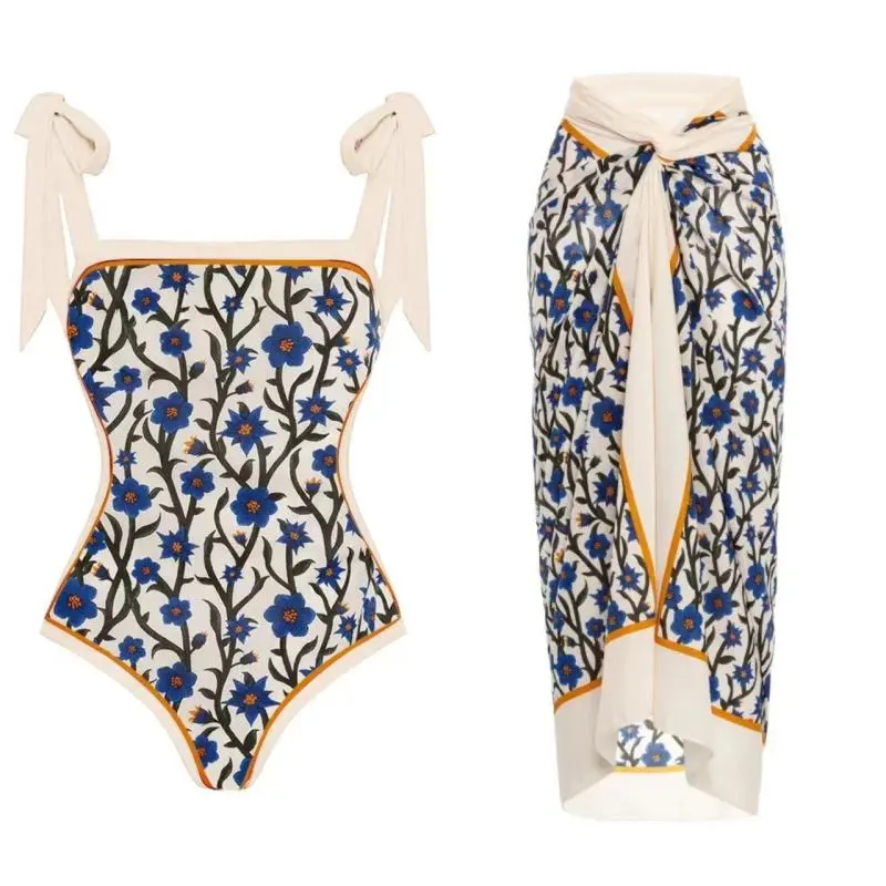 Women Vacation Floral Printed Backless Bodysuits Lace Up Skirt Swimsuit 2pcs Set
