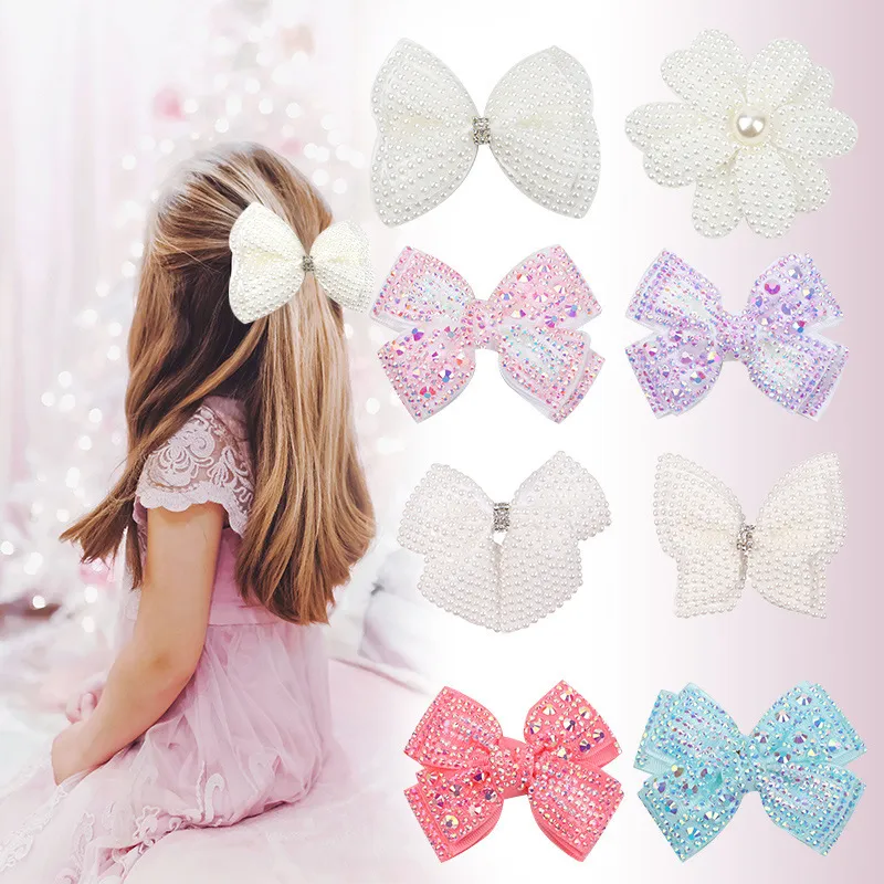 Kids Baby Girls Rhinestones Pearl Bow Hair Clip Duckbill Clip Hairband