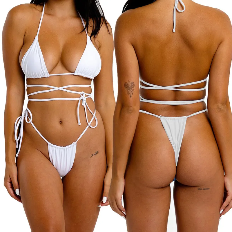 2Pcs Women's Micro Bikini Set Swimsuits Halter Neck Tie Up Bra Top with G- String Underwear