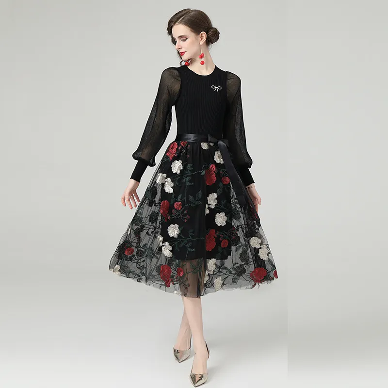 Women Elegant Casual Floral Printed Round Neck Long Sleeve Lace Up Defined Waist Dress