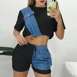 Women's Color-Block Cropped Navel Short-Sleeved Top and Shorts Two-Piece Set