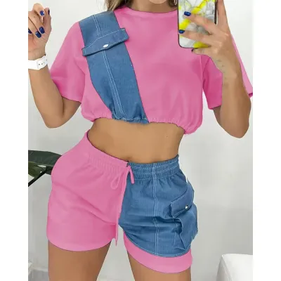 Women's Color-Block Cropped Navel Short-Sleeved Top and Shorts Two-Piece Set