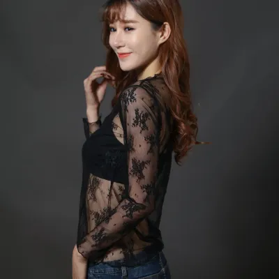 Women Summer Long Sleeve Lace Mesh See-Through Blouse