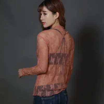 Women Summer Long Sleeve Lace Mesh See-Through Blouse