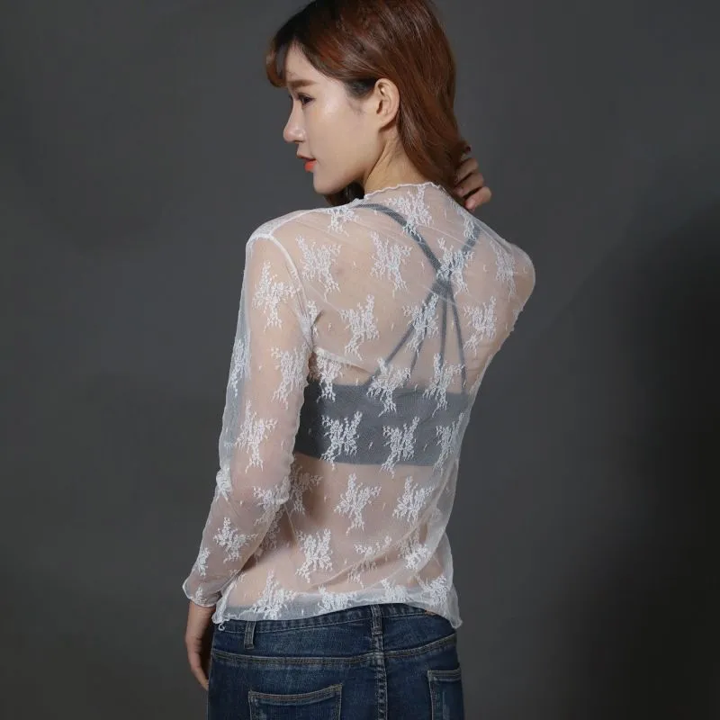 Women Summer Long Sleeve Lace Mesh See-Through Blouse