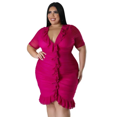 Women's V-Neck Short Sleeve Solid Color Creased Ruffled Dress - Fresh Sweet Girly Style
