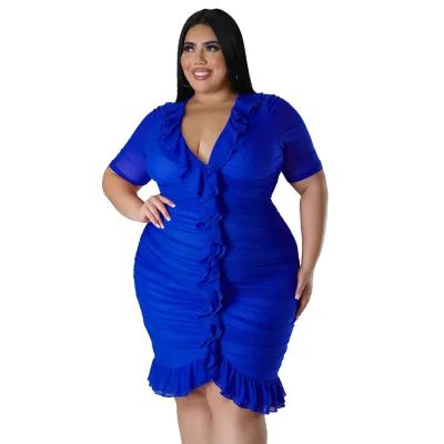Women's V-Neck Short Sleeve Solid Color Creased Ruffled Dress - Fresh Sweet Girly Style