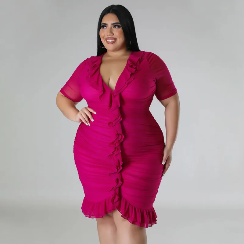 Women's V-Neck Short Sleeve Solid Color Creased Ruffled Dress - Fresh Sweet Girly Style