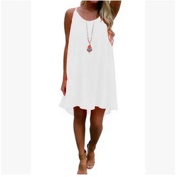 Women Casual Solid Color Round Neck Mesh Stitching Backless Chiffon Suspender Dress