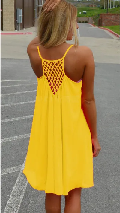 Women Casual Solid Color Round Neck Mesh Stitching Backless Chiffon Suspender Dress