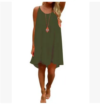 Women Casual Solid Color Round Neck Mesh Stitching Backless Chiffon Suspender Dress