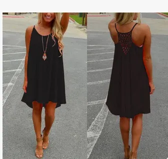 Women Casual Solid Color Round Neck Mesh Stitching Backless Chiffon Suspender Dress