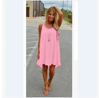 Women Casual Solid Color Round Neck Mesh Stitching Backless Chiffon Suspender Dress