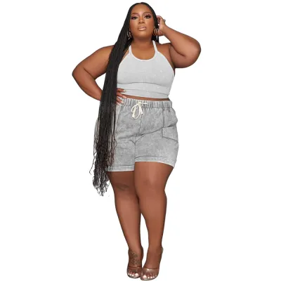 Women's Casual Solid Color U-Neck Camisole Drawstring Shorts 2-Piece Set