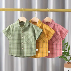 Toddlers Newborn Baby Fashion Boys Printed Plaid Shirt And Solid Color Shorts 2pcs Set