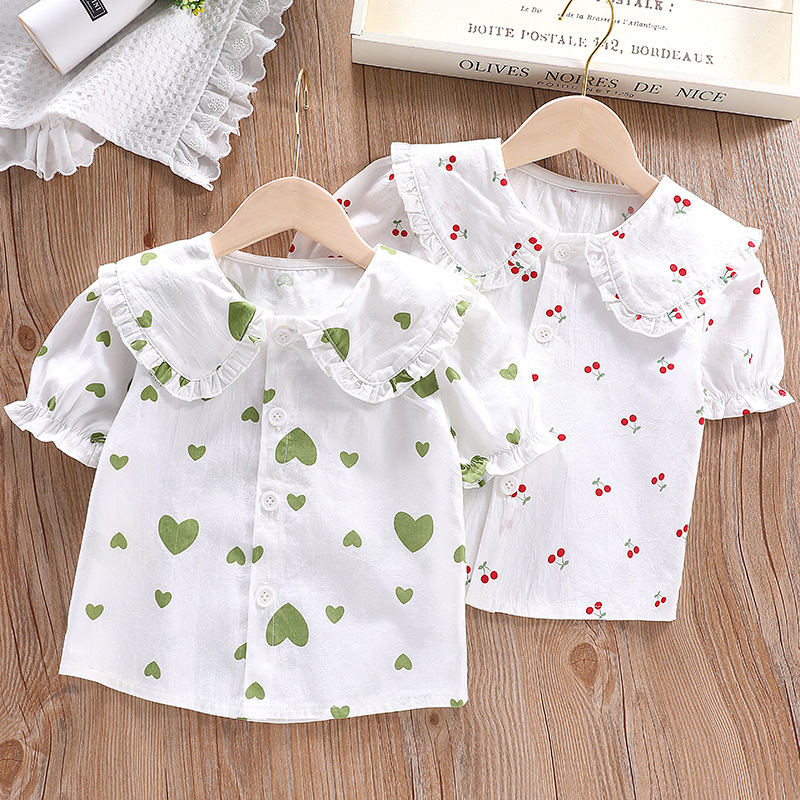 Wholesale Children Kids Baby Fashion Girls Short Sleeve Cartoon Heart Print  Casual Lapel Shirt