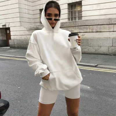 Women Fashion Casual Solid Color Long Sleeve Hoodies Defined Waist Shorts Sports 2pcs Set