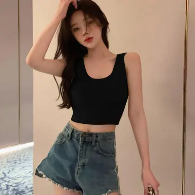 Women Fashion Solid Color Wide Shoulder Camisole Tank Top