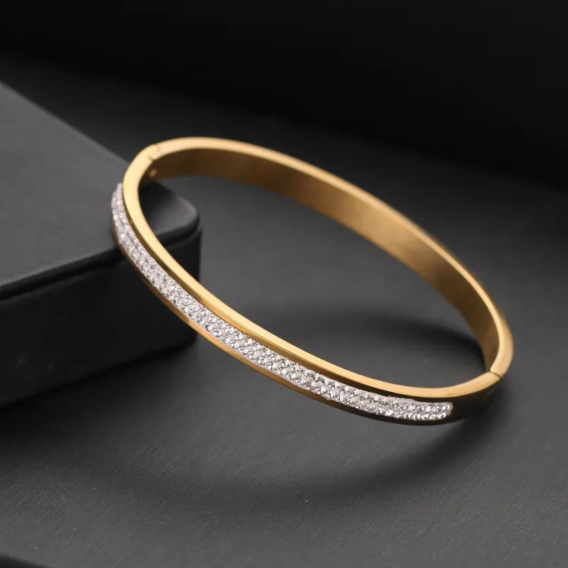 Women Double Row Full Diamond Buckle Stainless Steel Fashion OL Bracelet