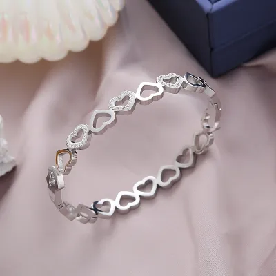 Women Fashion Hollow Heart Diamond Stainless Steel Bracelet