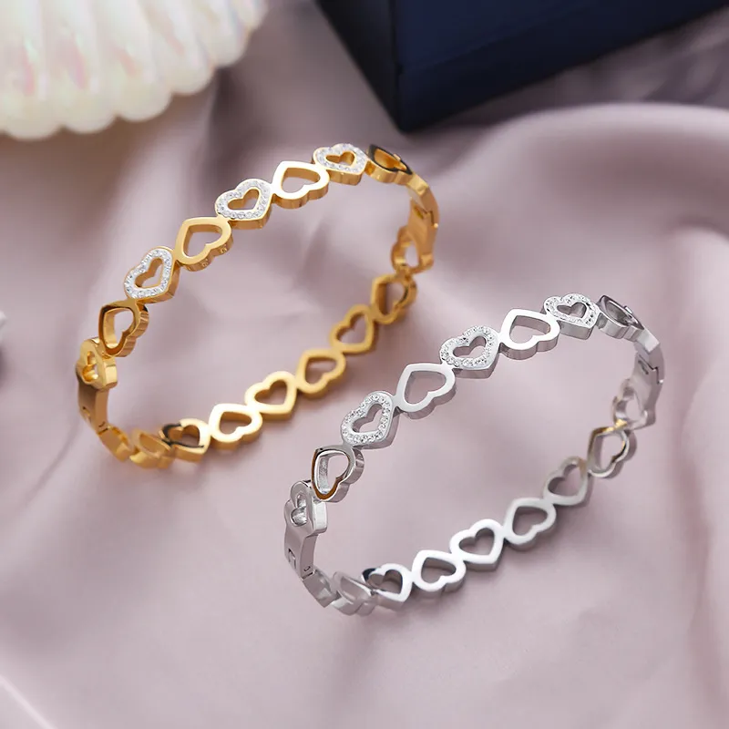 Women Fashion Hollow Heart Diamond Stainless Steel Bracelet