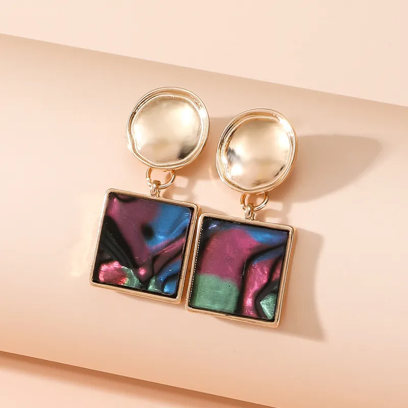 Women Fashion Bohemian Vintage Multicolor Square Dangle Earrings