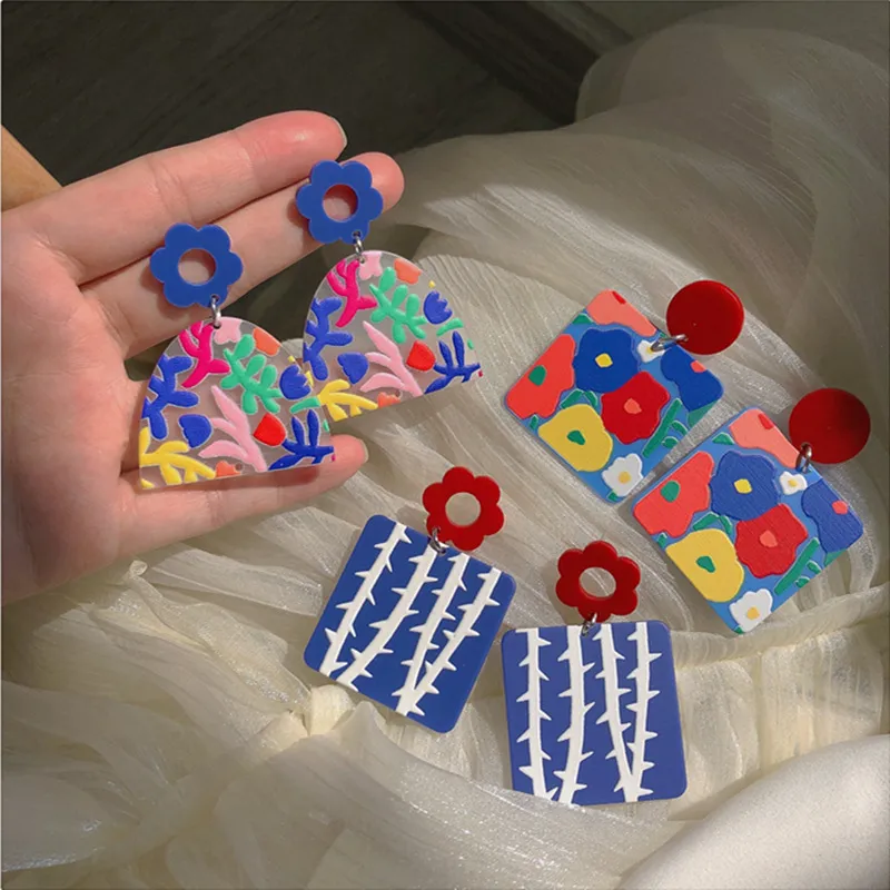 Women's Multicolor Flower Square Geometric Dangle Earrings