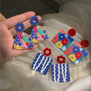 Women's Multicolor Flower Square Geometric Dangle Earrings