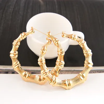 Women Hiphop Fashion Exaggerated Gold Big Circle Bamboo Joint Geometric Hoop Earrings