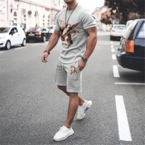 Men Casual Printed Round Neck Short-Sleeved T-Shirt And Shorts Two-Piece Set